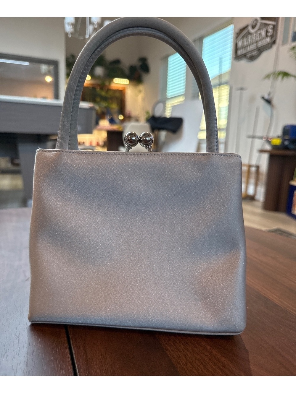 Elegant Silver Satin Evening Handbag with Double Compartment and Top Handles
